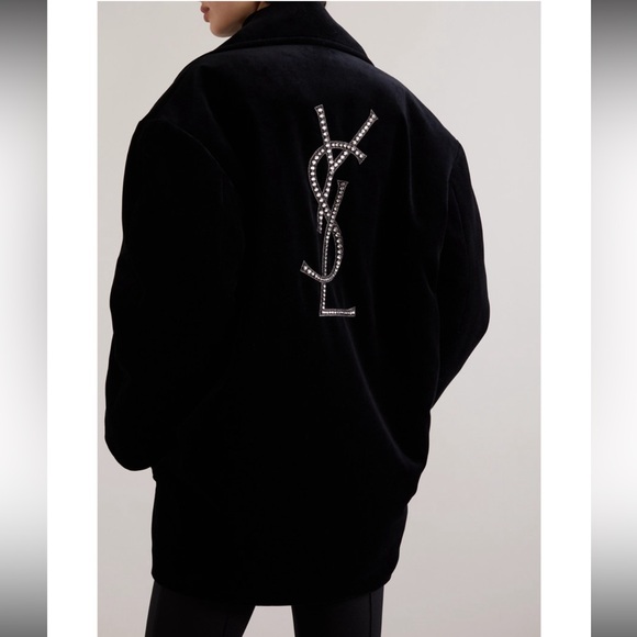 SAINT LAURENT Oversized Velvet Coat Crystal Logo - Picture 4 of 16